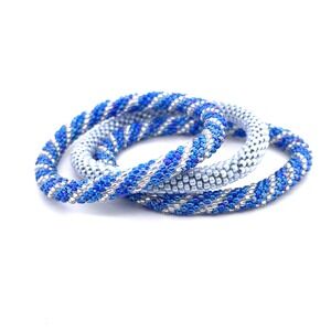 Set of 3 Blue Silver Glass Seed Bead Roll On Crochet Rope Bracelets Bangle 6.5in